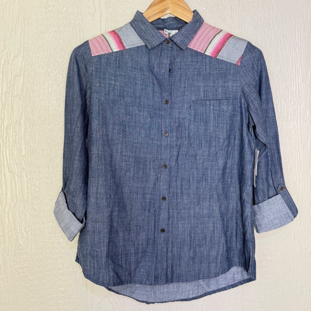 Rip Curl High Desert Shirt Womens Medium Light Blue Chambray Woven Stripe GSHAM8